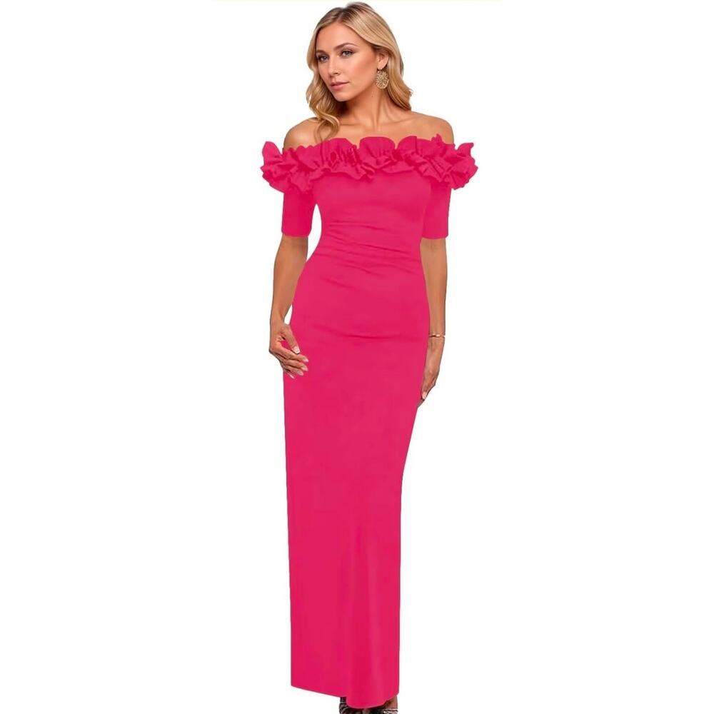 Pink off shoulder ruffle maxi dress Mother of the bride Valentine's dress Sz 16
